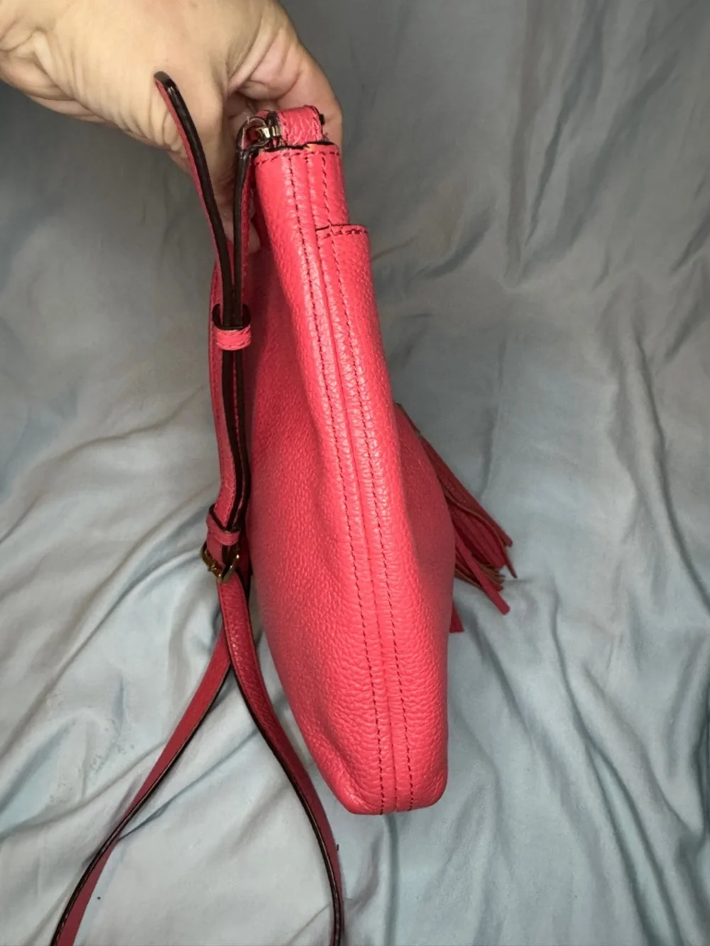 Michael Kors Pebbled Leather Tassel Crossbody Bag Coral Pink Gold Tone